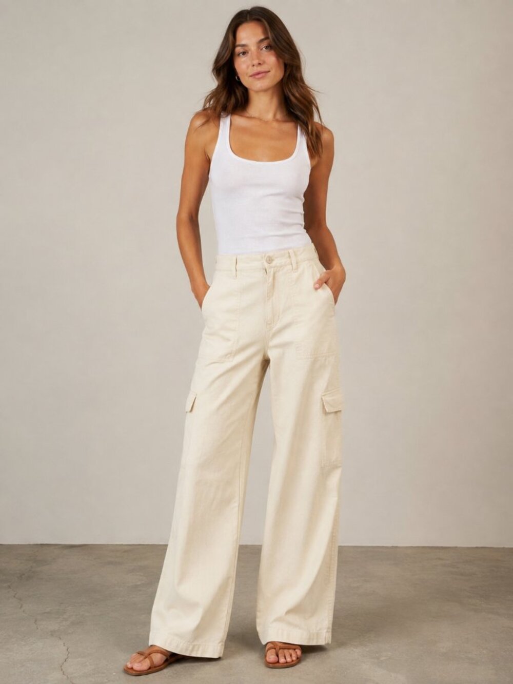 Madewell cream colored wide leg cotton blend utility pants with pockets, size 26